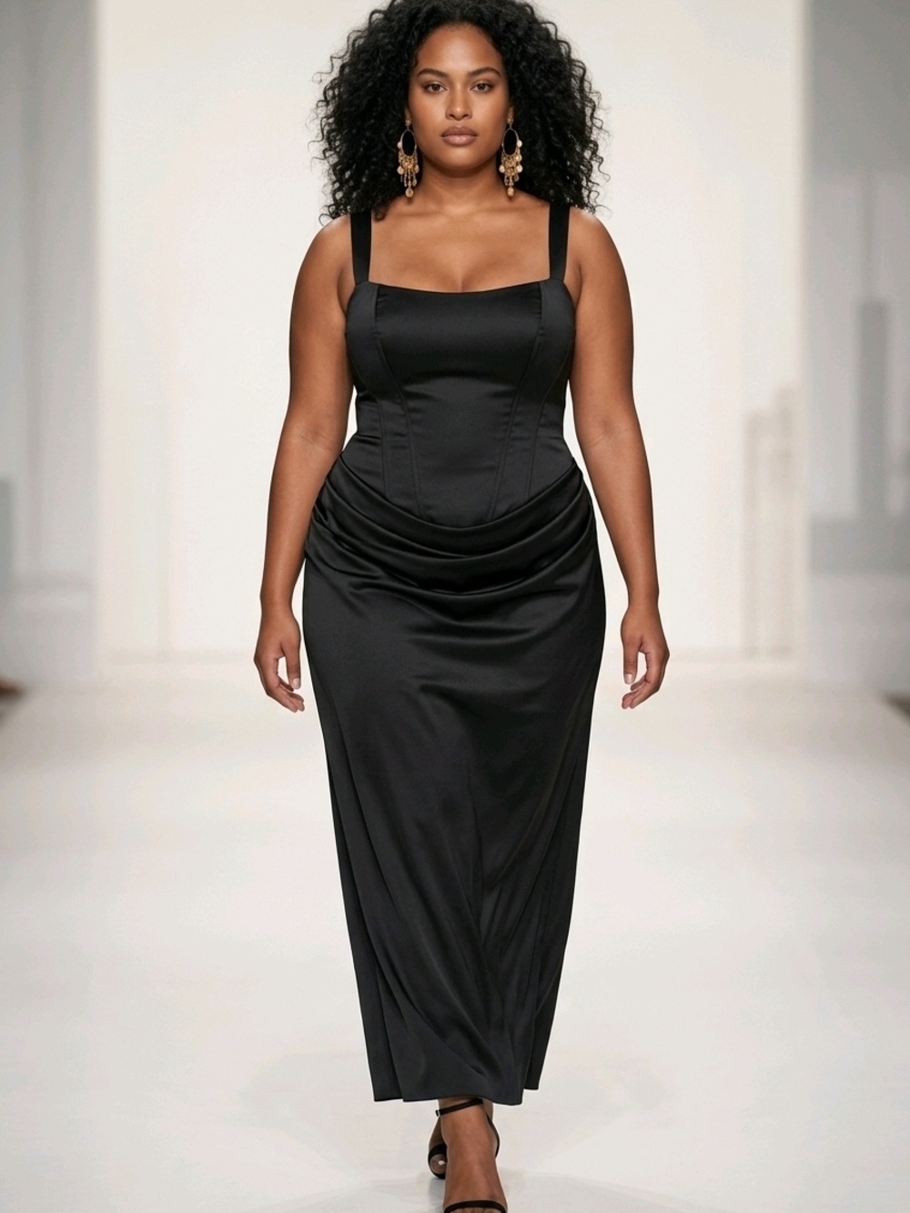Black Satin Corset-Style Long Dress